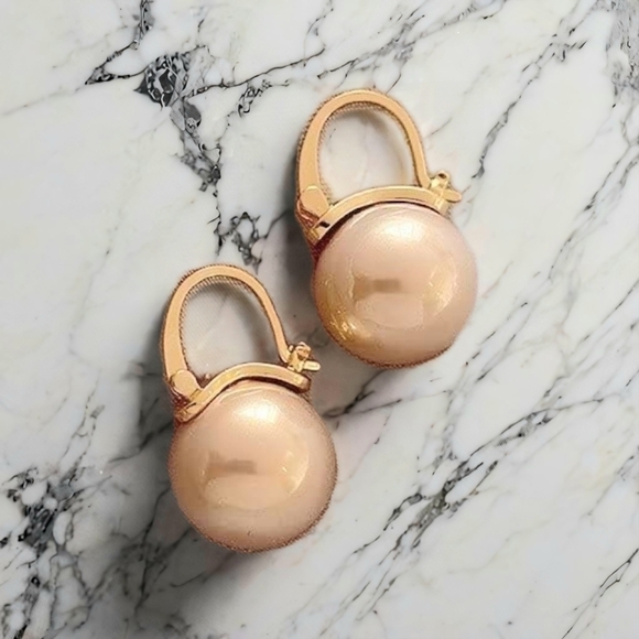 Pearl drop hoop earrings faux rose gold classic gold plated - Picture 3 of 5